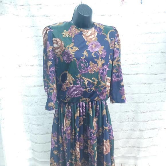 Vintage Elmora Green Blue Purple Flower Blouson Top Pleated Skirt Sizez 14 Dress - Picture 2 of 12